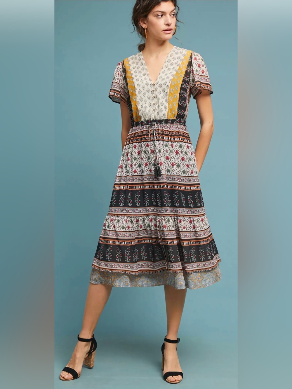 🌼✨ One September Mixed Print Boho Midi Dress Tassel Tie XS Anthropologie ✨🌼‎